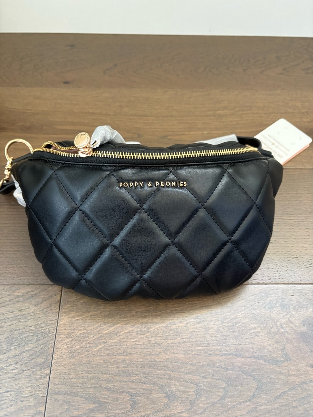 Poppy & Peonies Black Quilted Crossbody Belt Bag Medium